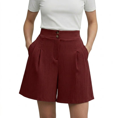 Damskie szorty z wysokim stanem szerokimi nogawkami plisami oraz dwoma guzikami-Shorts for women-Olave