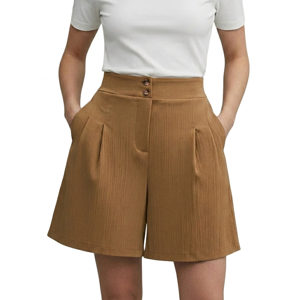 Damskie szorty z wysokim stanem szerokimi nogawkami plisami oraz dwoma guzikami-Shorts for women-Olave
