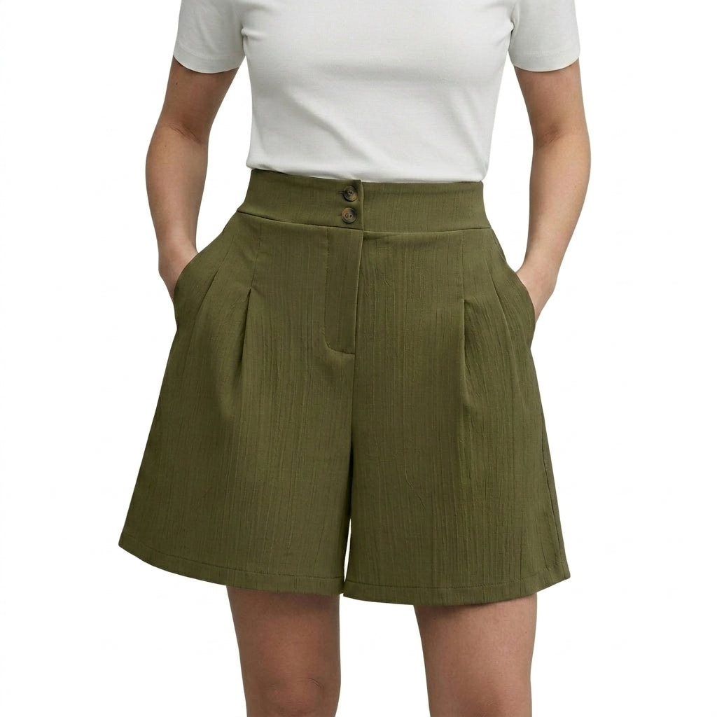 Damskie szorty z wysokim stanem szerokimi nogawkami plisami oraz dwoma guzikami-Shorts for women-Olave