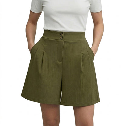 Damskie szorty z wysokim stanem szerokimi nogawkami plisami oraz dwoma guzikami-Shorts for women-Olave