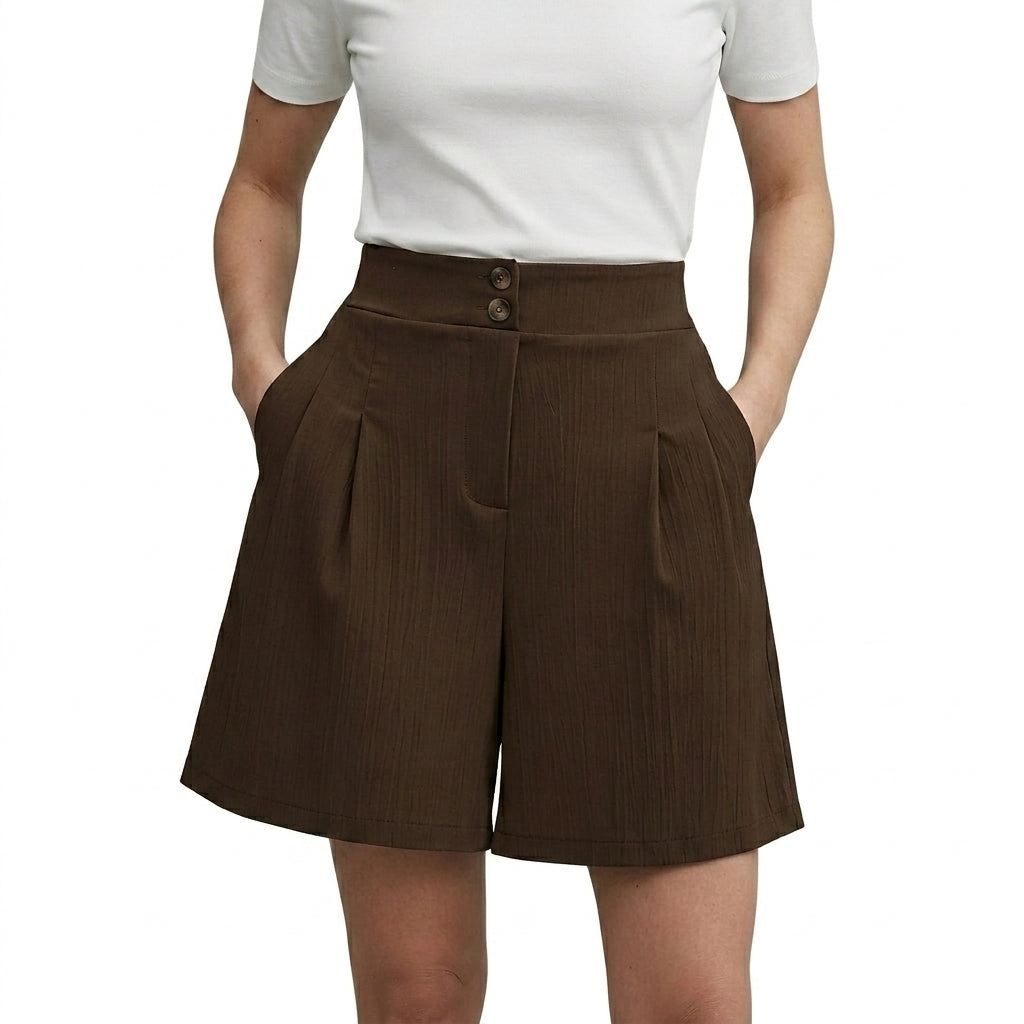 Damskie szorty z wysokim stanem szerokimi nogawkami plisami oraz dwoma guzikami-Shorts for women-Olave