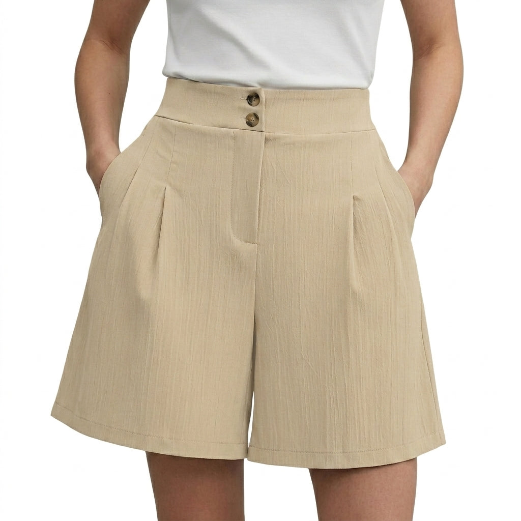 Damskie szorty z wysokim stanem szerokimi nogawkami plisami oraz dwoma guzikami-Shorts for women-Olave