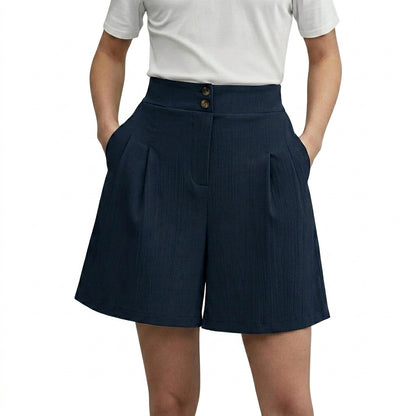 Damskie szorty z wysokim stanem szerokimi nogawkami plisami oraz dwoma guzikami-Shorts for women-Olave