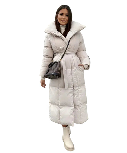 Długa kurtka damska z paskiem i wysokim kołnierzem-Olave