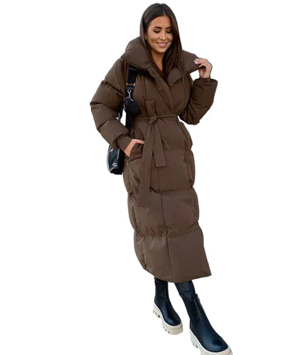 Długa kurtka damska z paskiem i wysokim kołnierzem-Olave