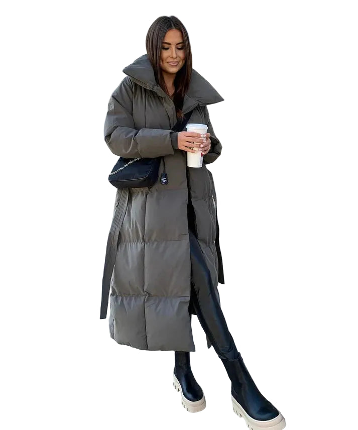 Długa kurtka damska z paskiem i wysokim kołnierzem-Olave