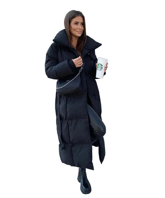 Długa kurtka damska z paskiem i wysokim kołnierzem-Jackets for Women-Olave