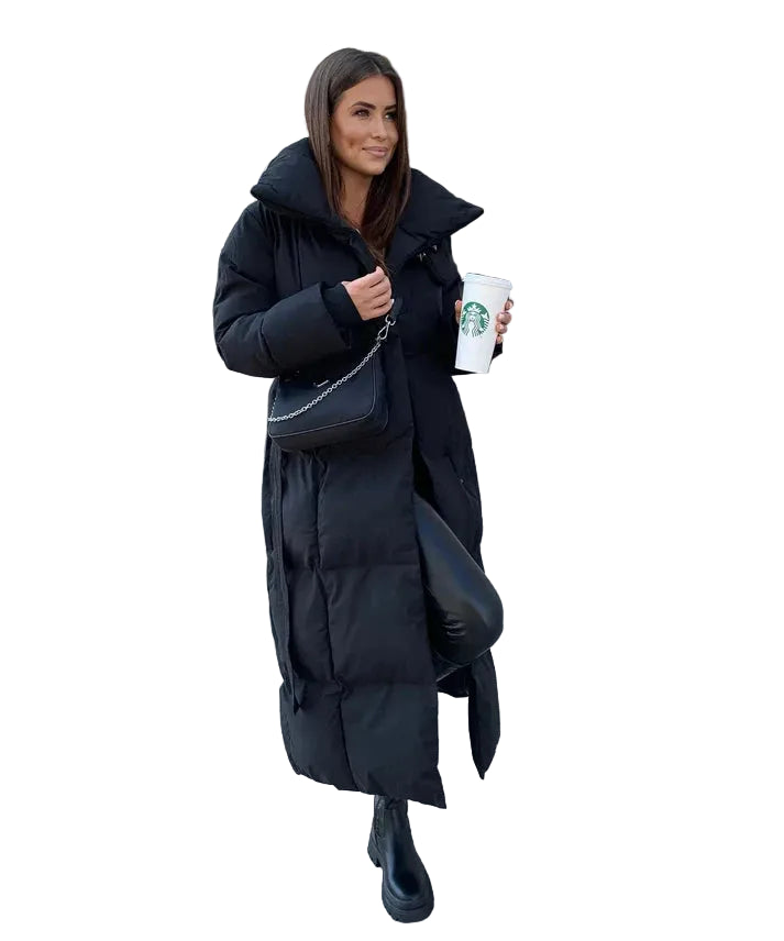 Długa kurtka damska z paskiem i wysokim kołnierzem-Olave