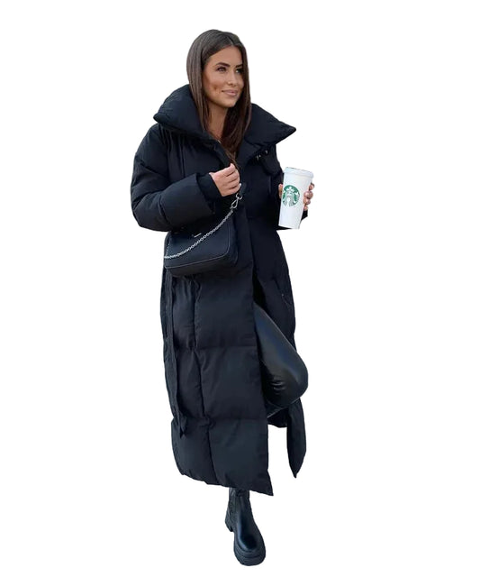 Długa kurtka damska z paskiem i wysokim kołnierzem-Olave