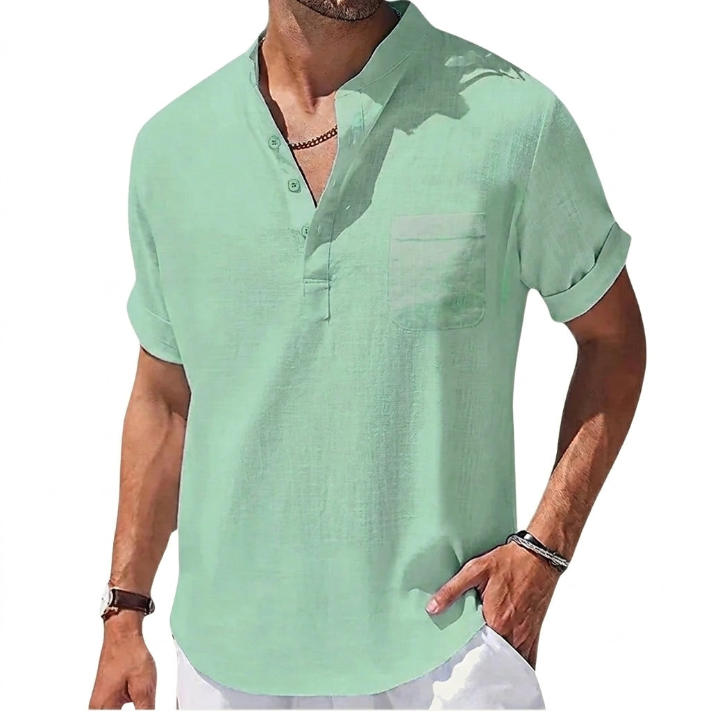 Męska koszula typu henley z krótkim rękawem i stójką oraz kieszenią na piersi-Shirts for men-Olave