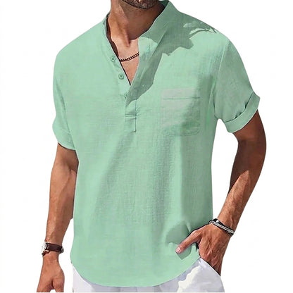 Męska koszula typu henley z krótkim rękawem i stójką oraz kieszenią na piersi-Shirts for men-Olave