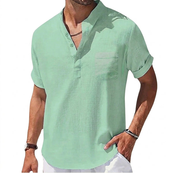 Męska koszula typu henley z krótkim rękawem i stójką oraz kieszenią na piersi-Shirts for men-Olave