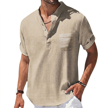 Męska koszula typu henley z krótkim rękawem i stójką oraz kieszenią na piersi-Shirts for men-Olave