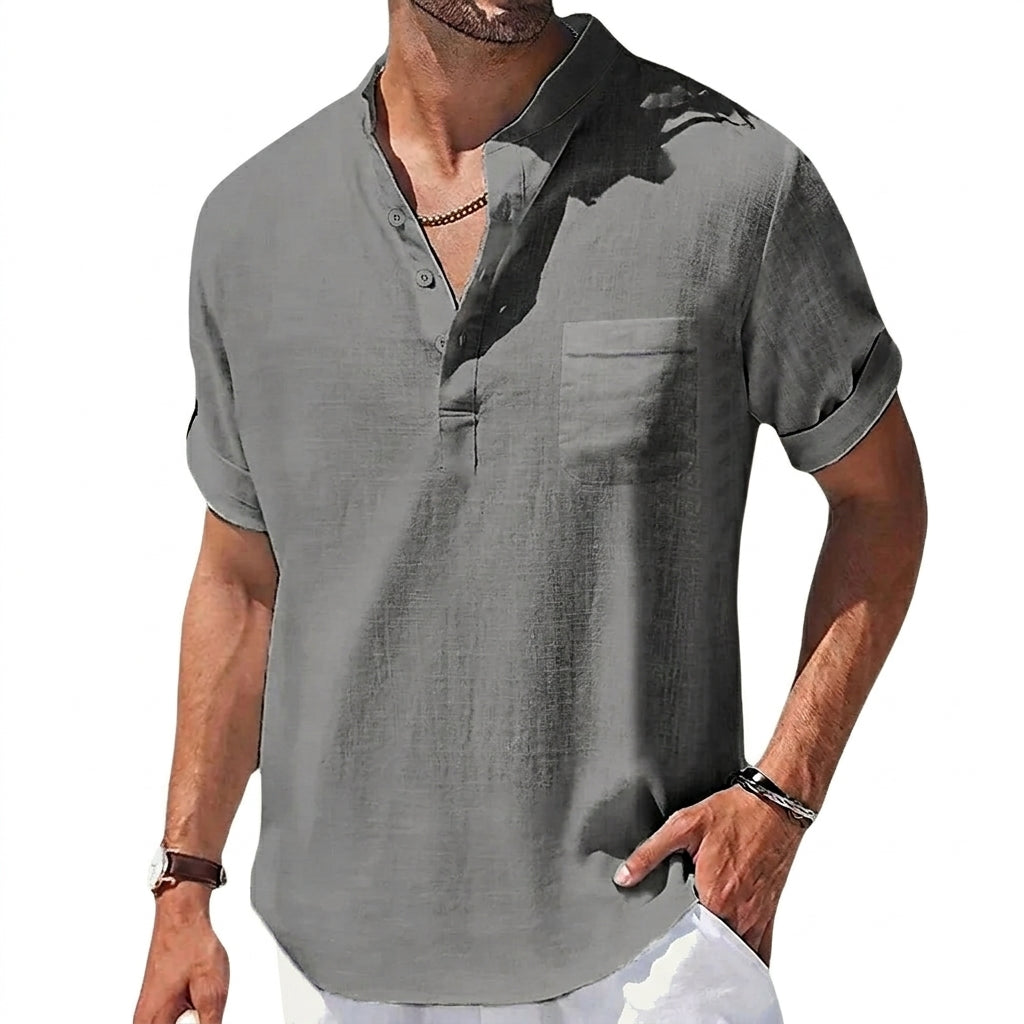 Męska koszula typu henley z krótkim rękawem i stójką oraz kieszenią na piersi-Shirts for men-Olave