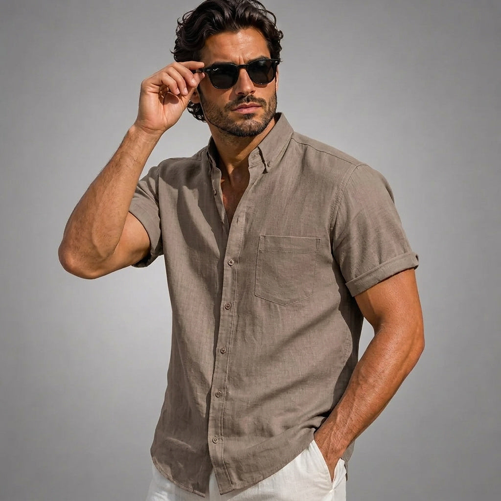 Męska koszula z krótkim rękawem i stójką-Shirts for men-Olave