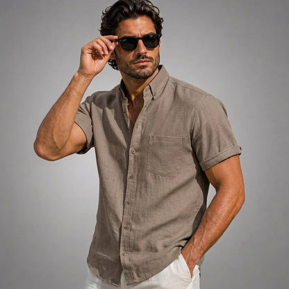 Męska koszula z krótkim rękawem i stójką-Shirts for men-Olave