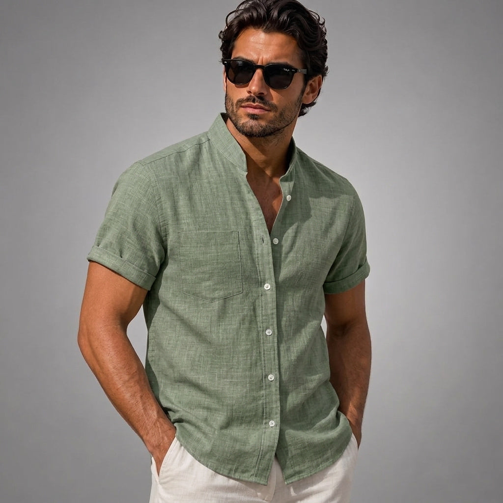Męska koszula z krótkim rękawem i stójką-Shirts for men-Olave