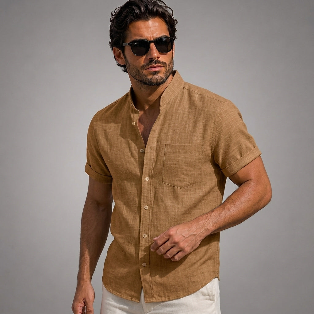 Męska koszula z krótkim rękawem i stójką-Shirts for men-Olave