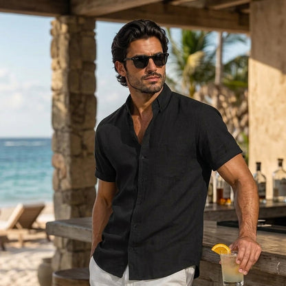 Męska koszula z krótkim rękawem i stójką-Shirts for men-Olave