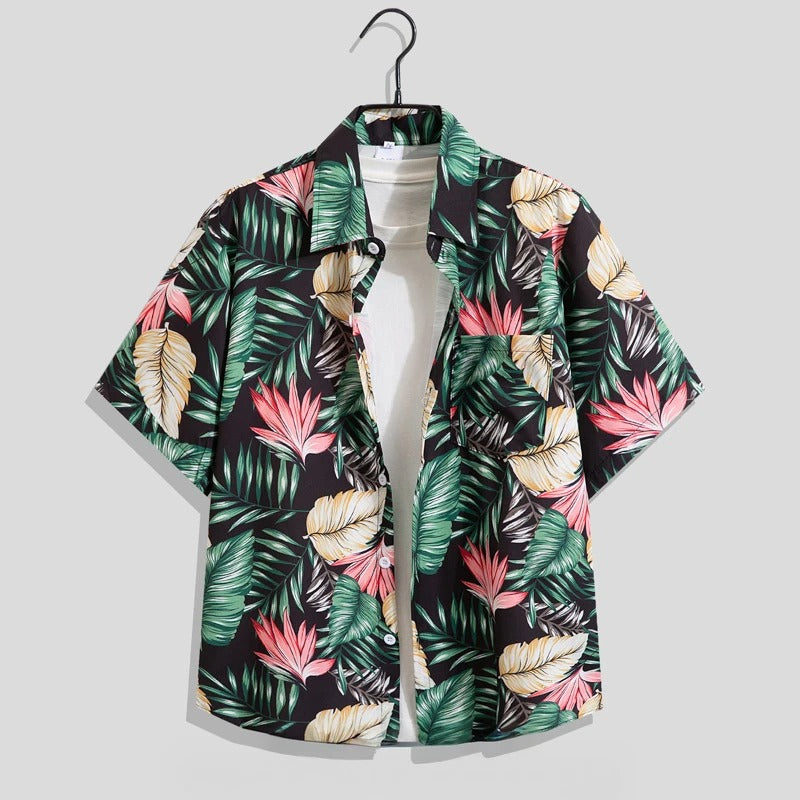Męska koszula z krótkim rękawem w kwiatowy wzór-Shirts for men-Olave