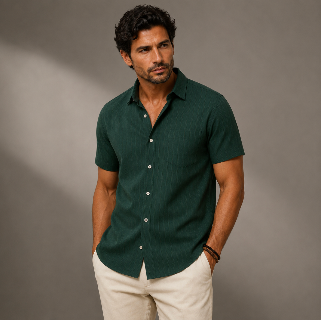 Męska koszula z krótkim rękawem zapinana na guziki posiadająca pionową prążkowaną teksturę oraz kieszeń na piersi-Shirts for men-Olave