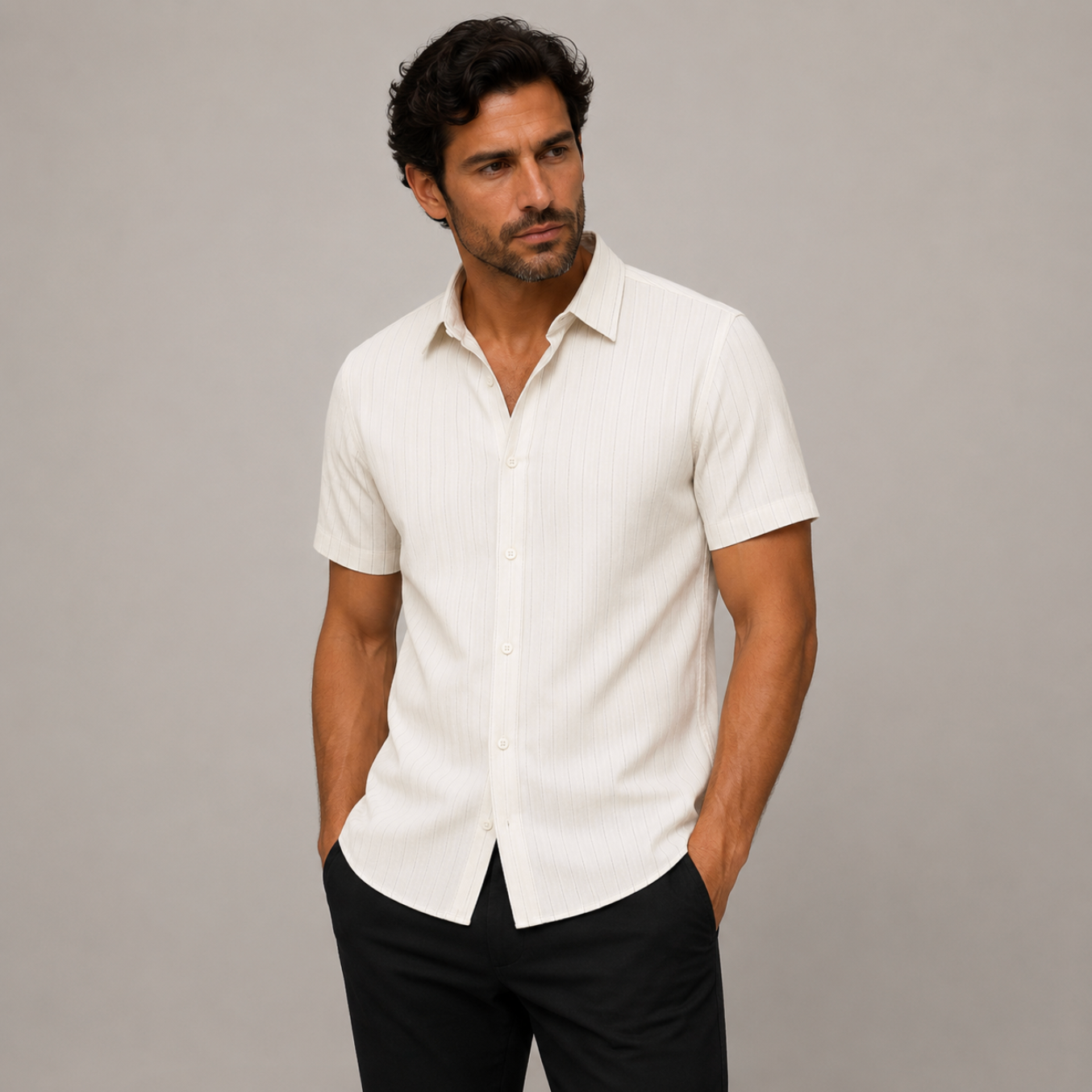 Męska koszula z krótkim rękawem zapinana na guziki posiadająca pionową prążkowaną teksturę oraz kieszeń na piersi-Shirts for men-Olave