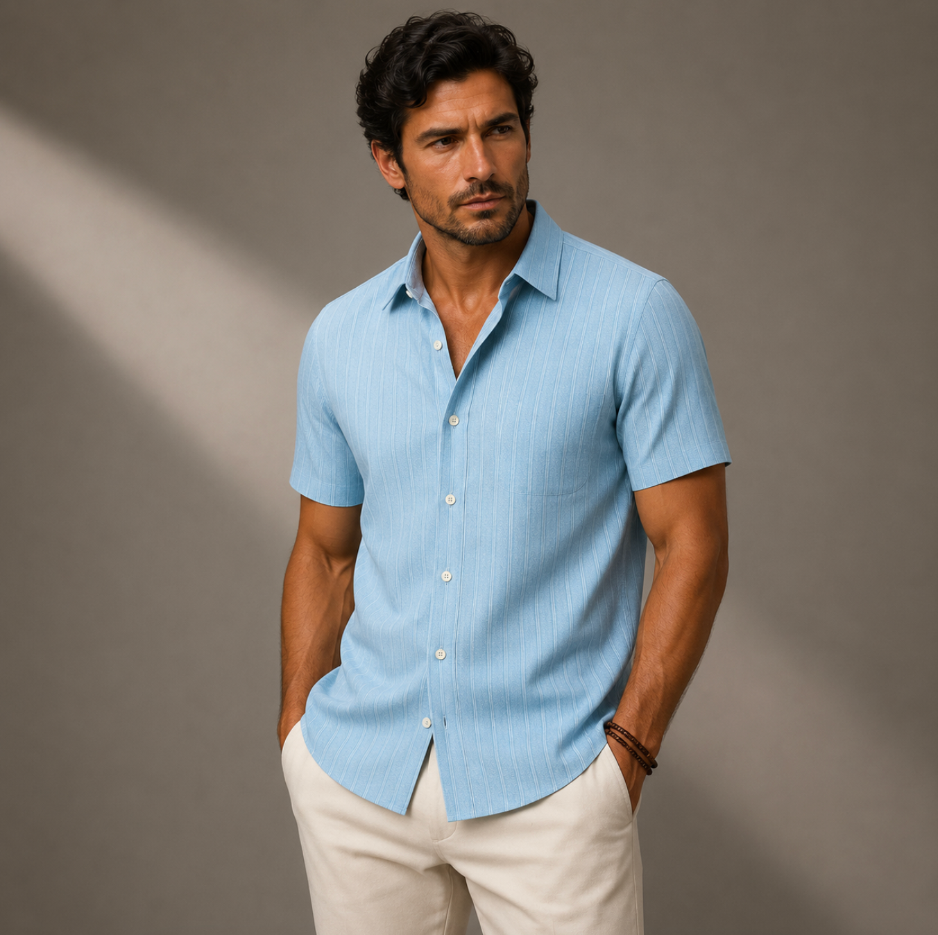 Męska koszula z krótkim rękawem zapinana na guziki posiadająca pionową prążkowaną teksturę oraz kieszeń na piersi-Shirts for men-Olave