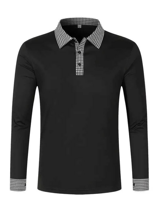 Męska koszulka polo z długim rękawem i wzorzystym kołnierzem-Shirts for Men-Olave