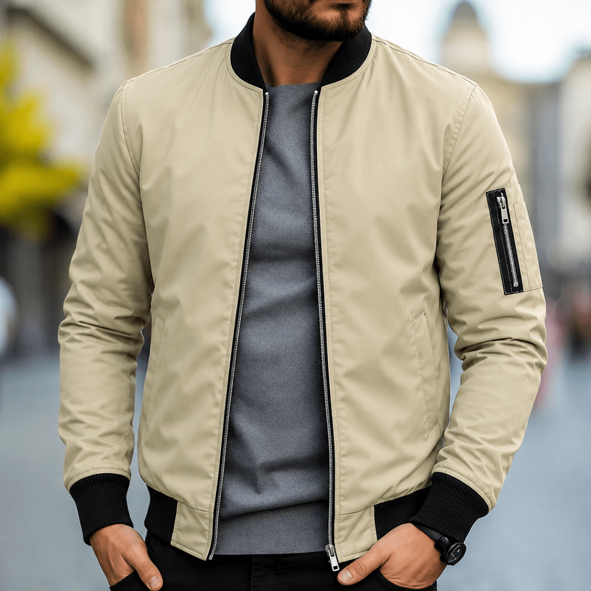 Męska kurtka bomberka z kieszenią na suwak na rękawie-Jackets for men-Olave
