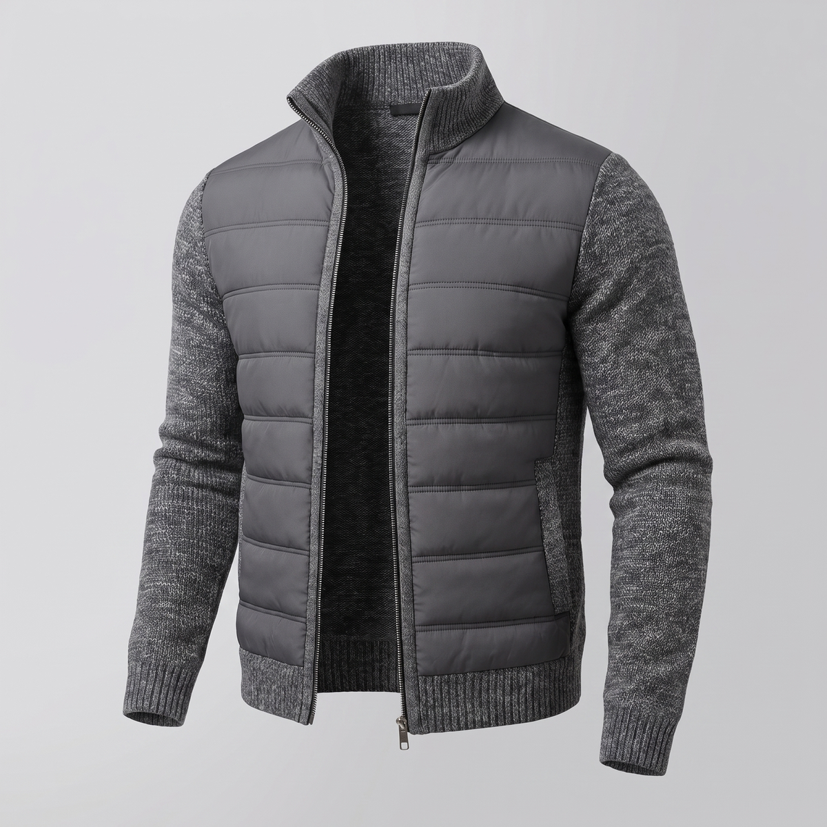 Męska kurtka hybrydowa typu puffer z dzianinowymi rękawami-Jackets for men-Olave