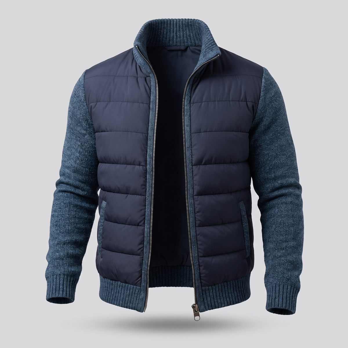 Męska kurtka hybrydowa typu puffer z dzianinowymi rękawami-Jackets for men-Olave