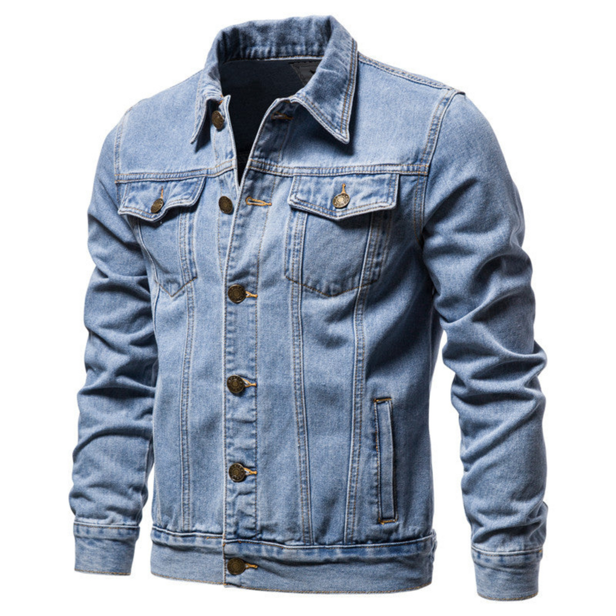 Męska kurtka jeansowa typu trucker z zapięciem na guziki i kieszeniami z klapkami-Jackets for men-Olave