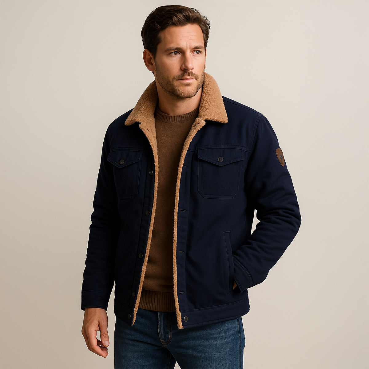 Męska kurtka użytkowa z podszewką z polaru i zapięciem na guziki-Jackets for men-Olave
