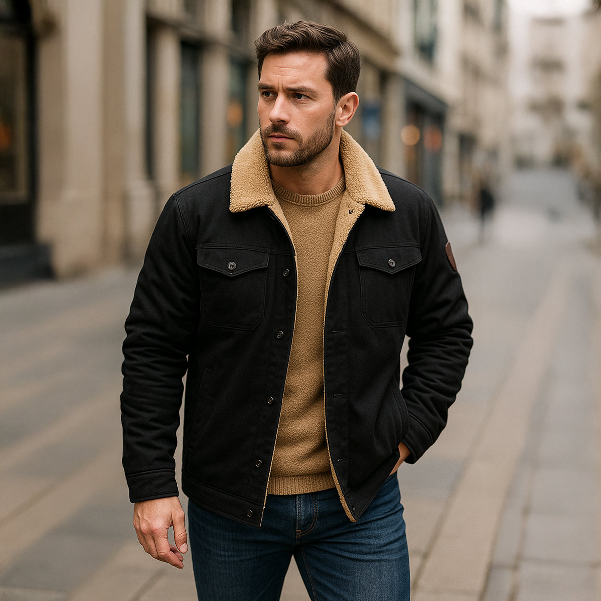 Męska kurtka użytkowa z podszewką z polaru i zapięciem na guziki-Jackets for men-Olave