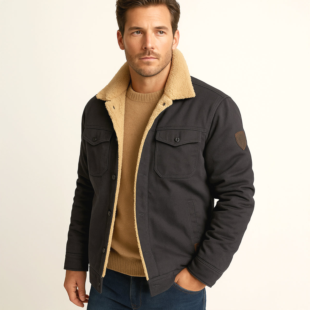 Męska kurtka użytkowa z podszewką z polaru i zapięciem na guziki-Jackets for men-Olave
