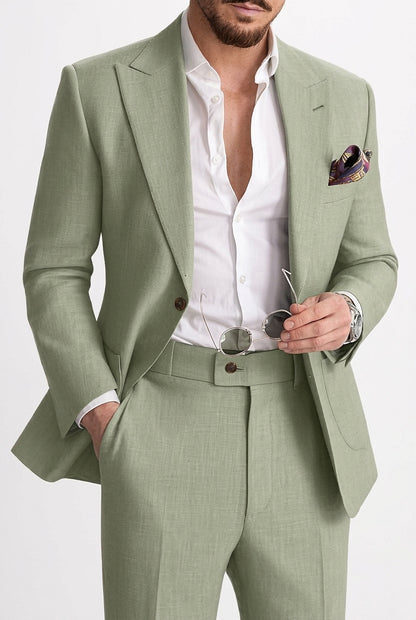 Męski dwuczęściowy garnitur lniany-Sets for Men-Olave