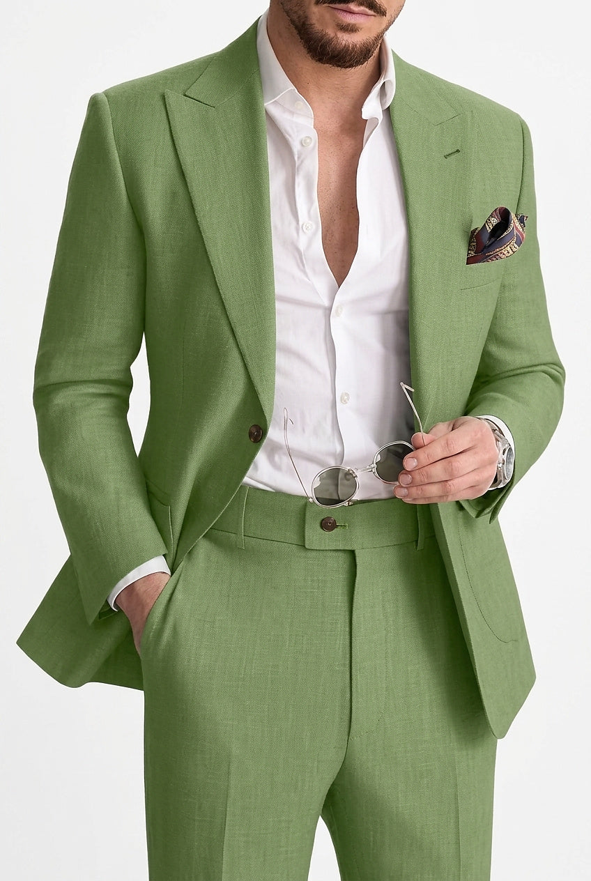 Męski dwuczęściowy garnitur lniany-Sets for Men-Olave