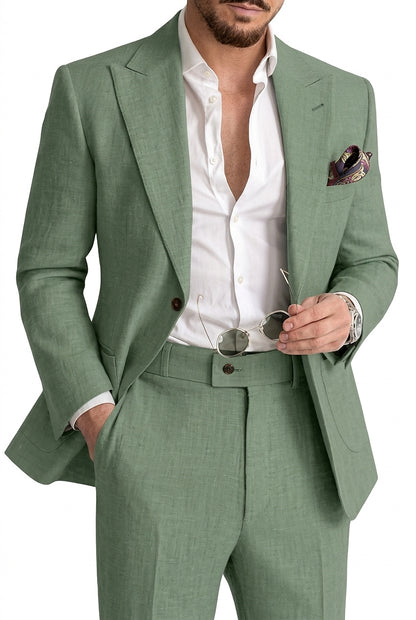 Męski dwuczęściowy garnitur lniany-Sets for Men-Olave