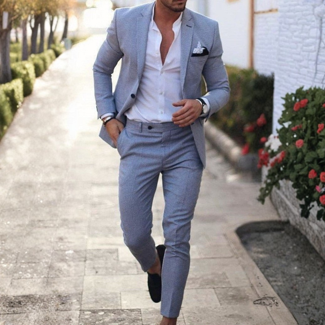 Męski dwuczęściowy garnitur lniany z klasycznymi klapami-Sets for Men-Olave
