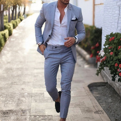 Męski dwuczęściowy garnitur lniany z klasycznymi klapami-Sets for Men-Olave