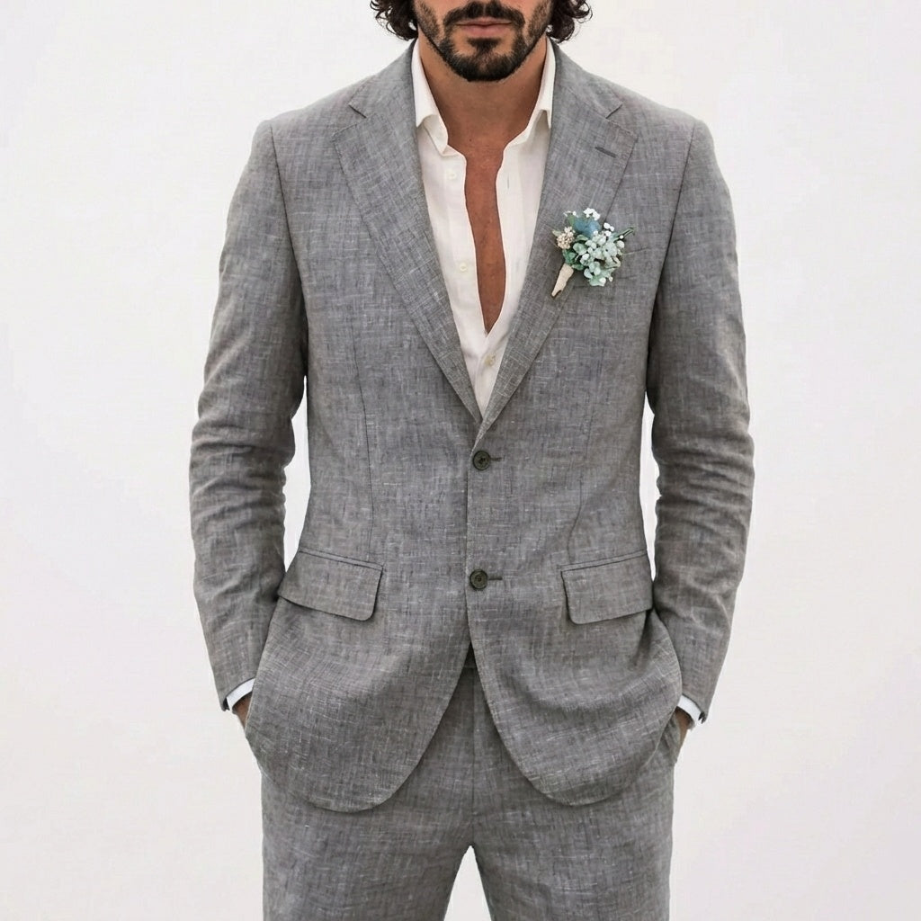 Męski garnitur lniany z klapami w szpic-Suits for men-Olave