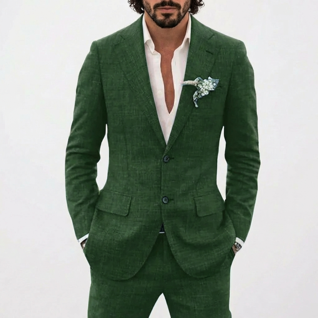 Męski garnitur lniany z klapami w szpic-Suits for men-Olave