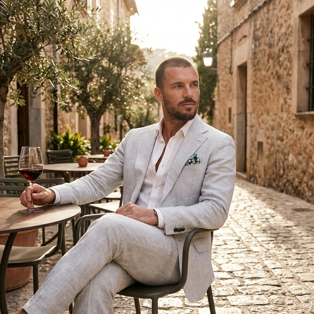 Męski garnitur lniany z klapami w szpic-Suits for men-Olave