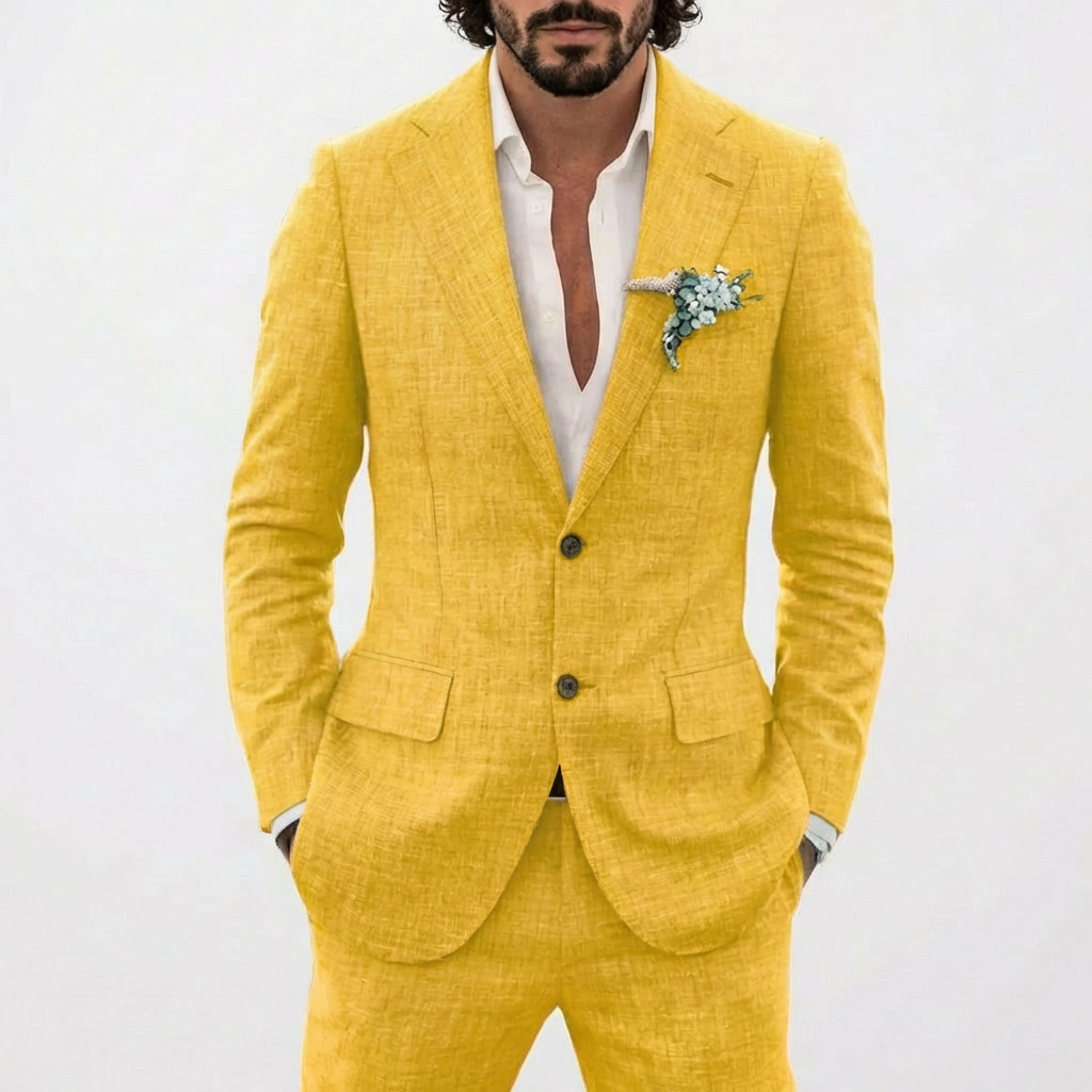 Męski garnitur lniany z klapami w szpic-Suits for men-Olave
