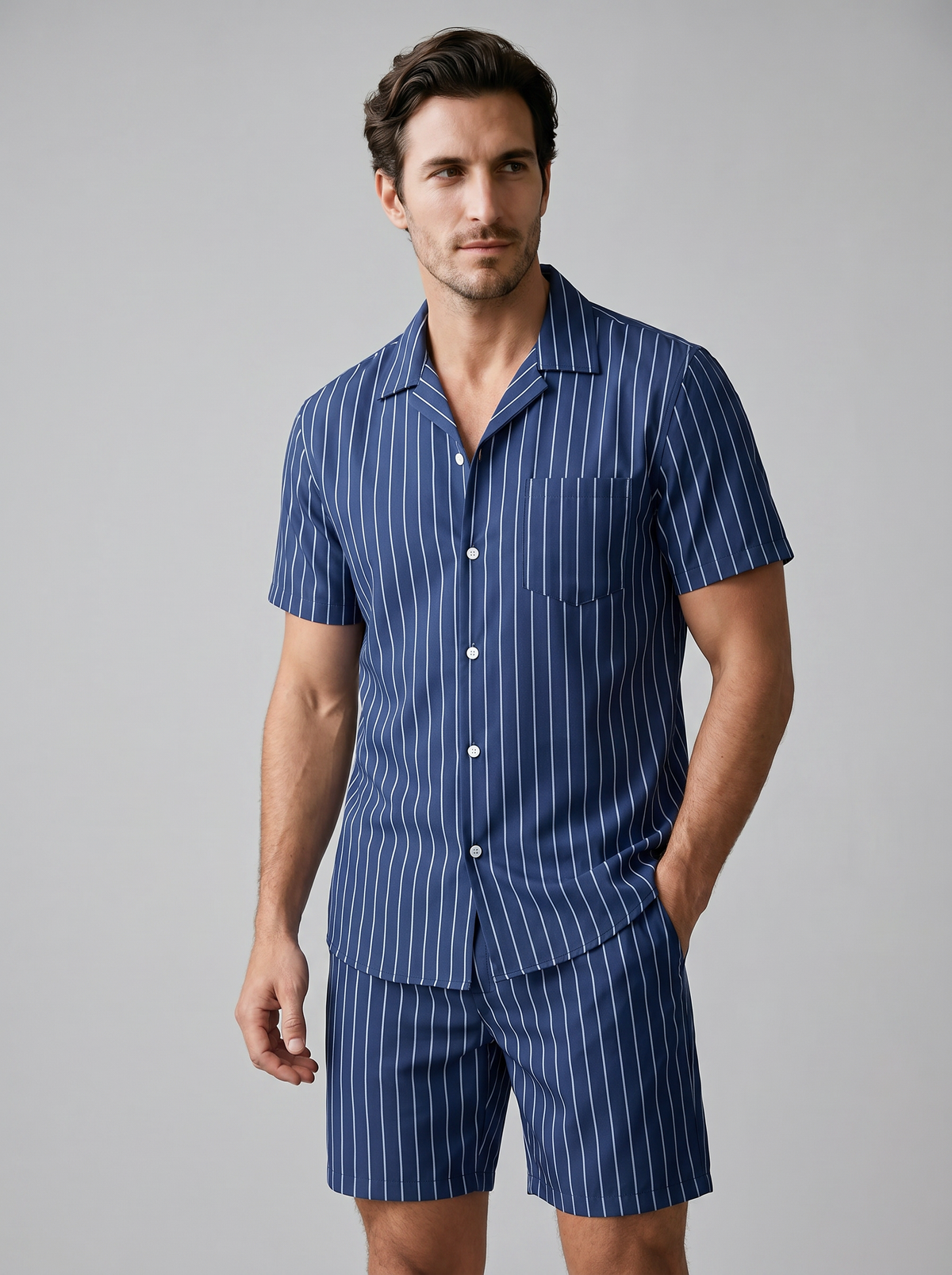 Męski komplet z koszulą z krótkim rękawem w prążki-Sets for Men-Olave