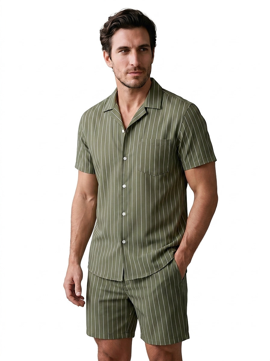 Męski komplet z koszulą z krótkim rękawem w prążki-Sets for Men-Olave