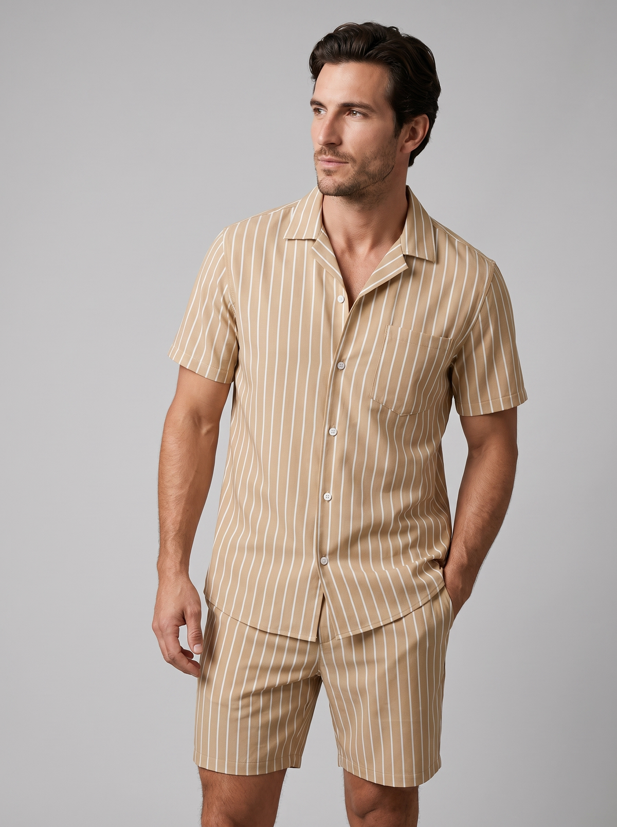 Męski komplet z koszulą z krótkim rękawem w prążki-Sets for Men-Olave