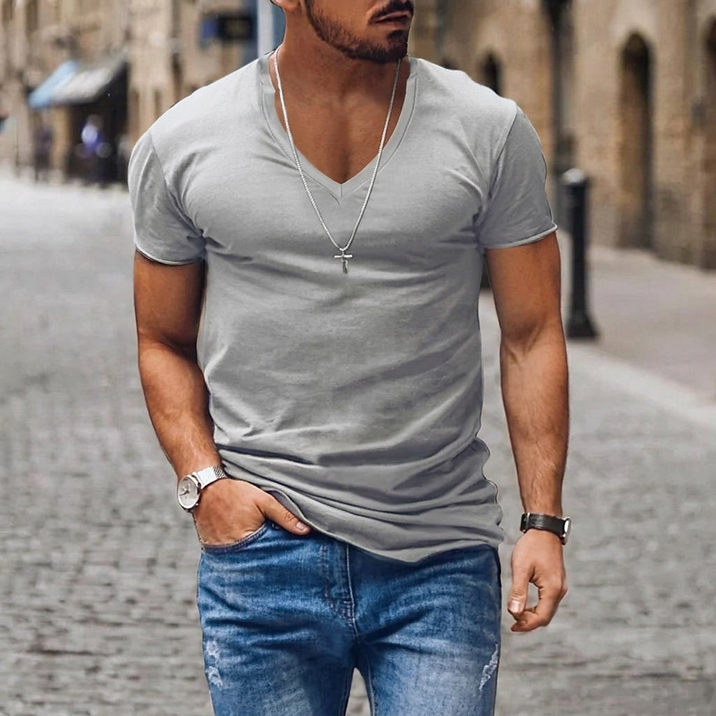 Męski t-shirt z dekoltem w serek i krótkim rękawem-T-shirt for men-Olave