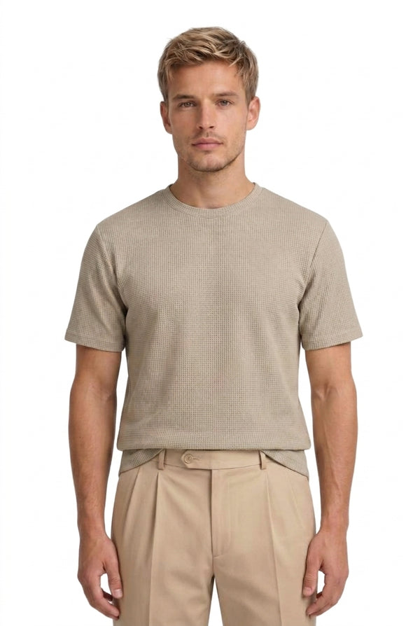 Męski t-shirt z teksturą waflową i krótkimi rękawami-T-shirt for men-Olave