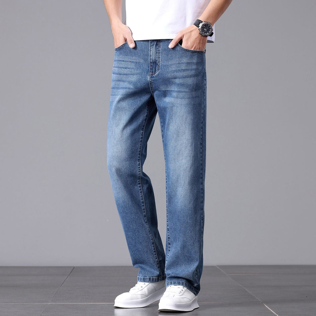 Męskie jeansy o luźnym kroju z prostymi nogawkami-Pants for Men-Olave